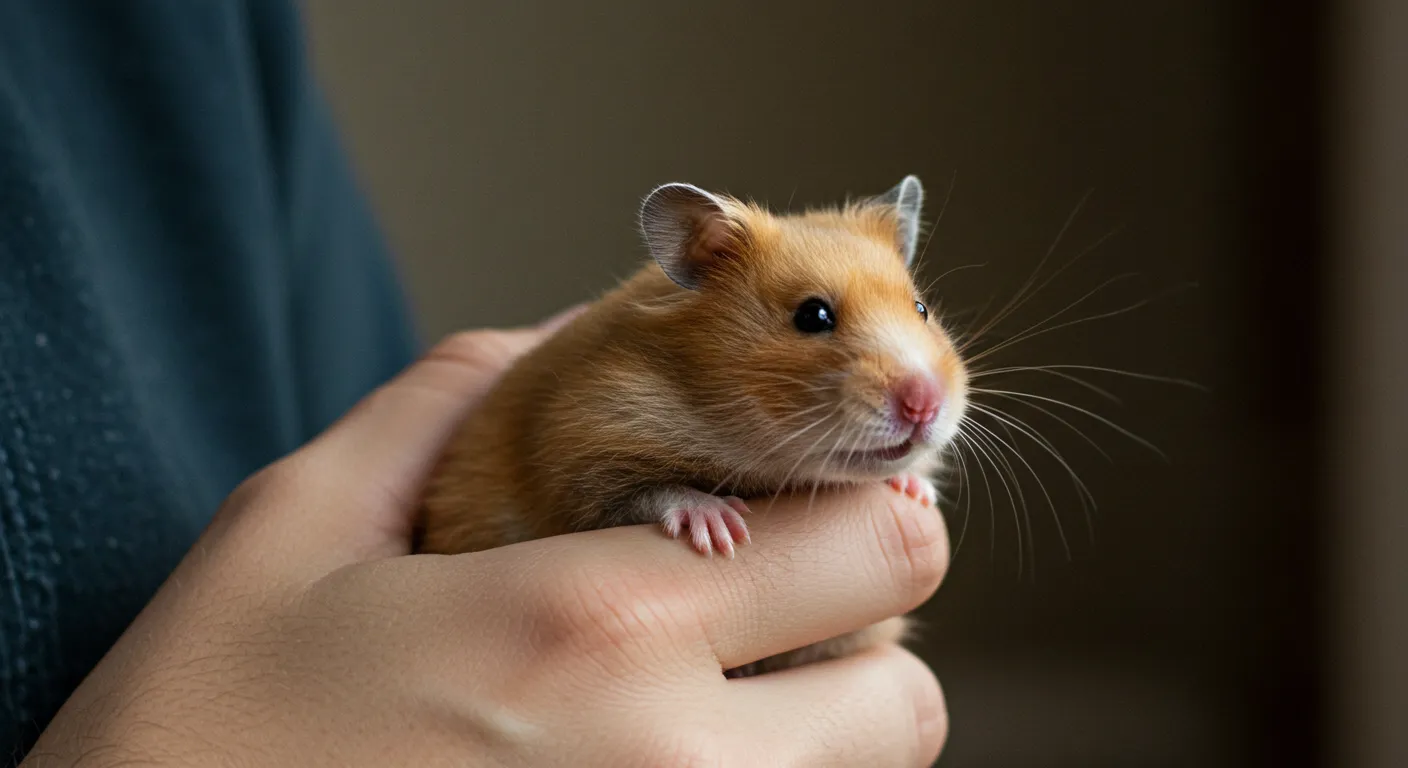 Hamster mâle adulte vu de près, tenu doucement dans une main, détails précis.