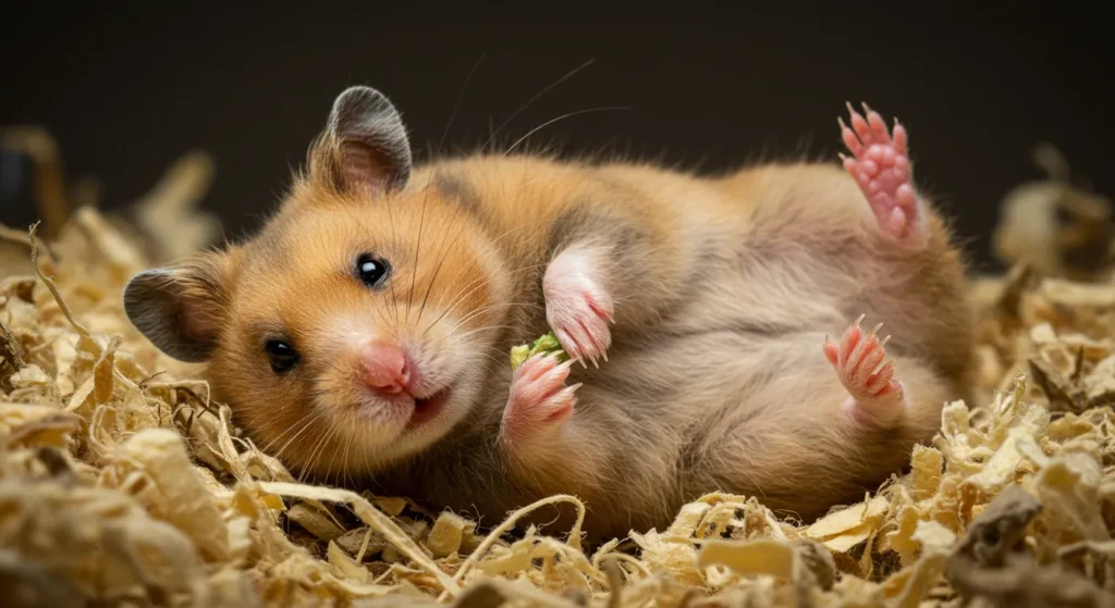 La différence entre les hamsters mâles et femelles : le guide ultime (5 secrets surprenants à connaître !) Hamster femelle adulte allongée sur le dos, vue rapprochée des caractéristiques féminines.