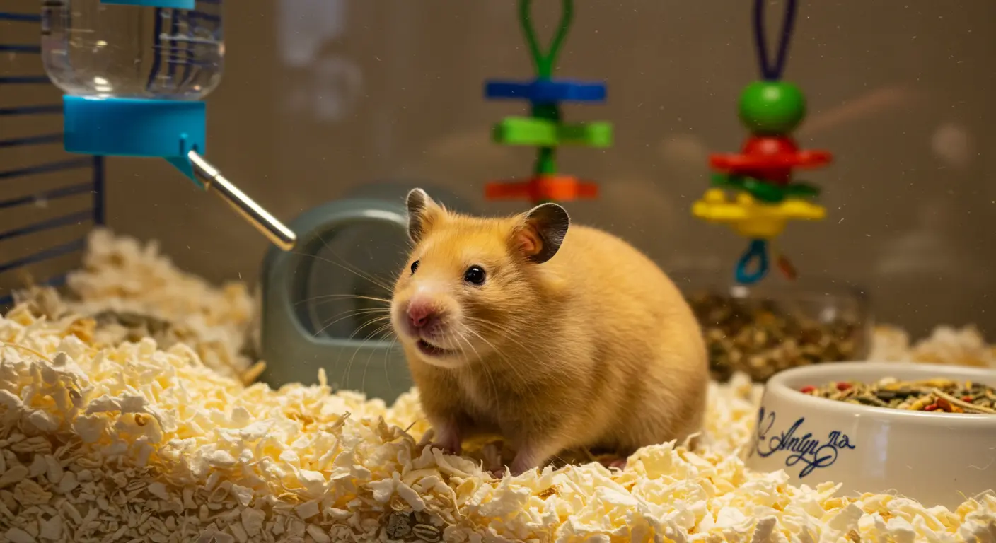 Hamster doré dans une cage propre avec litière fraîche et accessoires bien entretenus