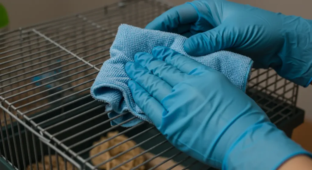Nettoyage cage hamster : Les 7 secrets choquants pour une hygiène parfaite que 90% des propriétaires ignorent Mains gantées nettoyant méticuleusement les barreaux d'une cage de hamster avec un chiffon microfibre