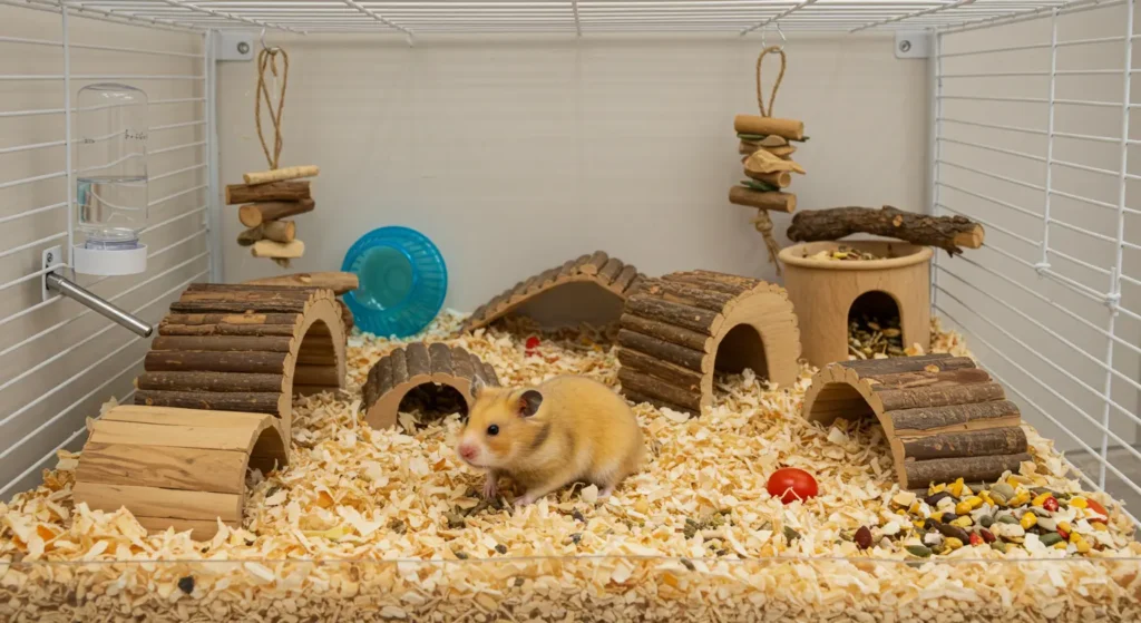 Nettoyage cage hamster : Les 7 secrets choquants pour une hygiène parfaite que 90% des propriétaires ignorent Hamster heureux explorant sa cage parfaitement nettoyée avec litière fraîche et accessoires désinfectés