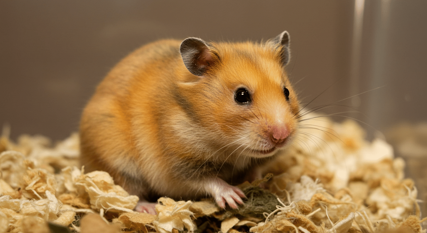 Hamster doré montrant des signes subtils de douleur dans sa cage