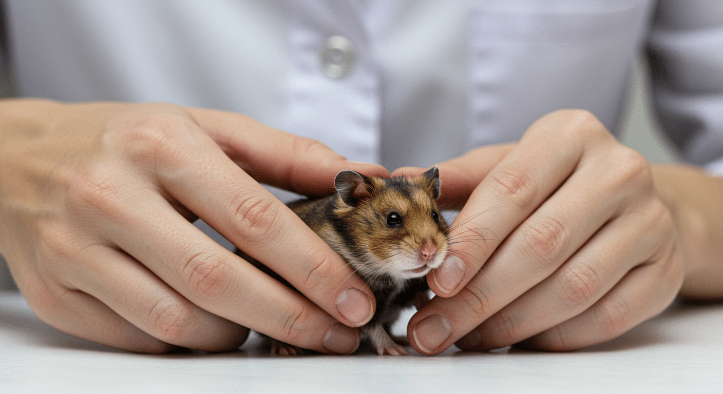 Examen attentif d'un hamster par des mains expertes