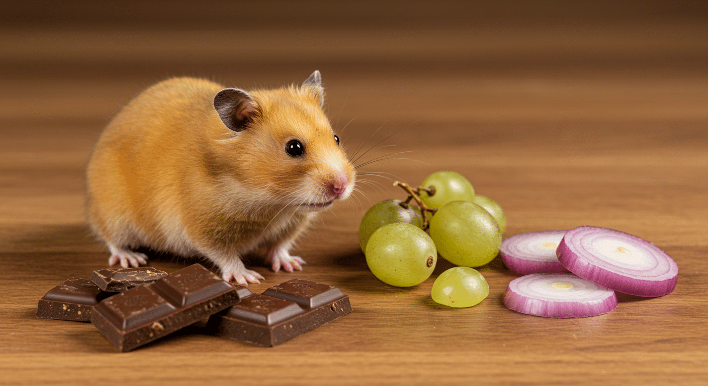 Hamster doré à côté d'aliments toxiques comme chocolat, raisins et oignon sur plan de travail cuisine