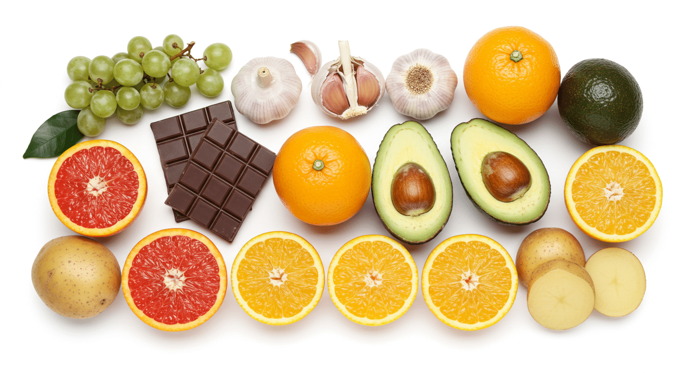 liste-complete-aliments-interdits-hamster-toxiques Vue d'ensemble des 15 aliments toxiques pour hamster : chocolat, raisins, ail, avocat, agrumes disposés sur fond blanc