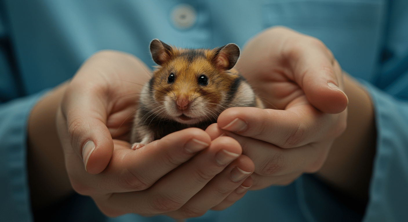symptomes-empoisonnement-hamster-signes-alerte-veterinaire Propriétaire tenant délicatement un hamster léthargique dans ses mains, arrière-plan clinique vétérinaire