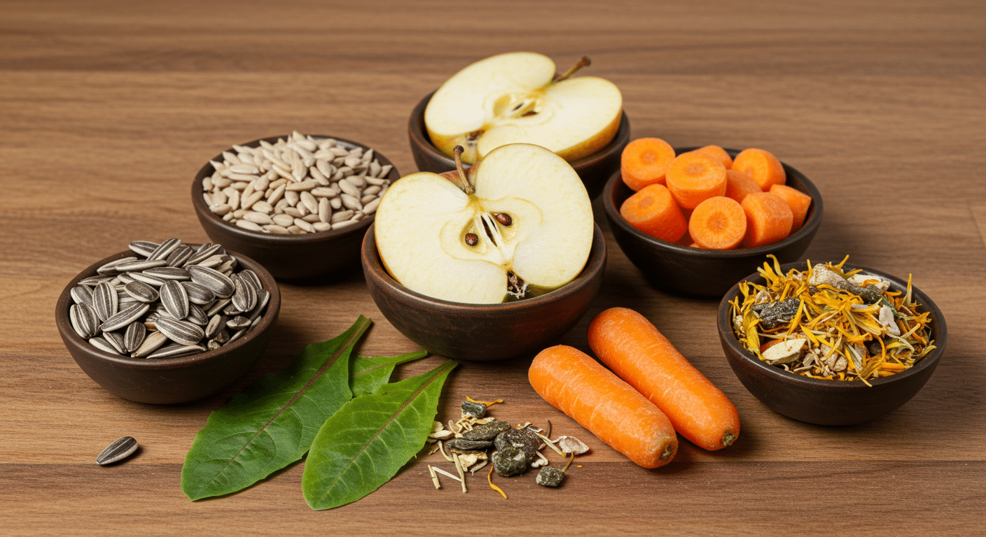 aliments-sains-hamster-alternatives-nutrition-equilibree Aliments sains pour hamster dans bols céramique : graines tournesol, pomme sans pépins, carotte, pissenlit