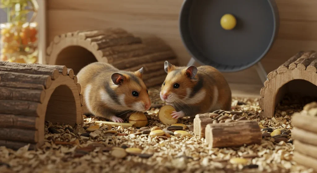 La différence entre les hamsters mâles et femelles : le guide ultime (5 secrets surprenants à connaître !) Deux hamsters dans leur cage : le mâle calme, la femelle active, différences comportementales.